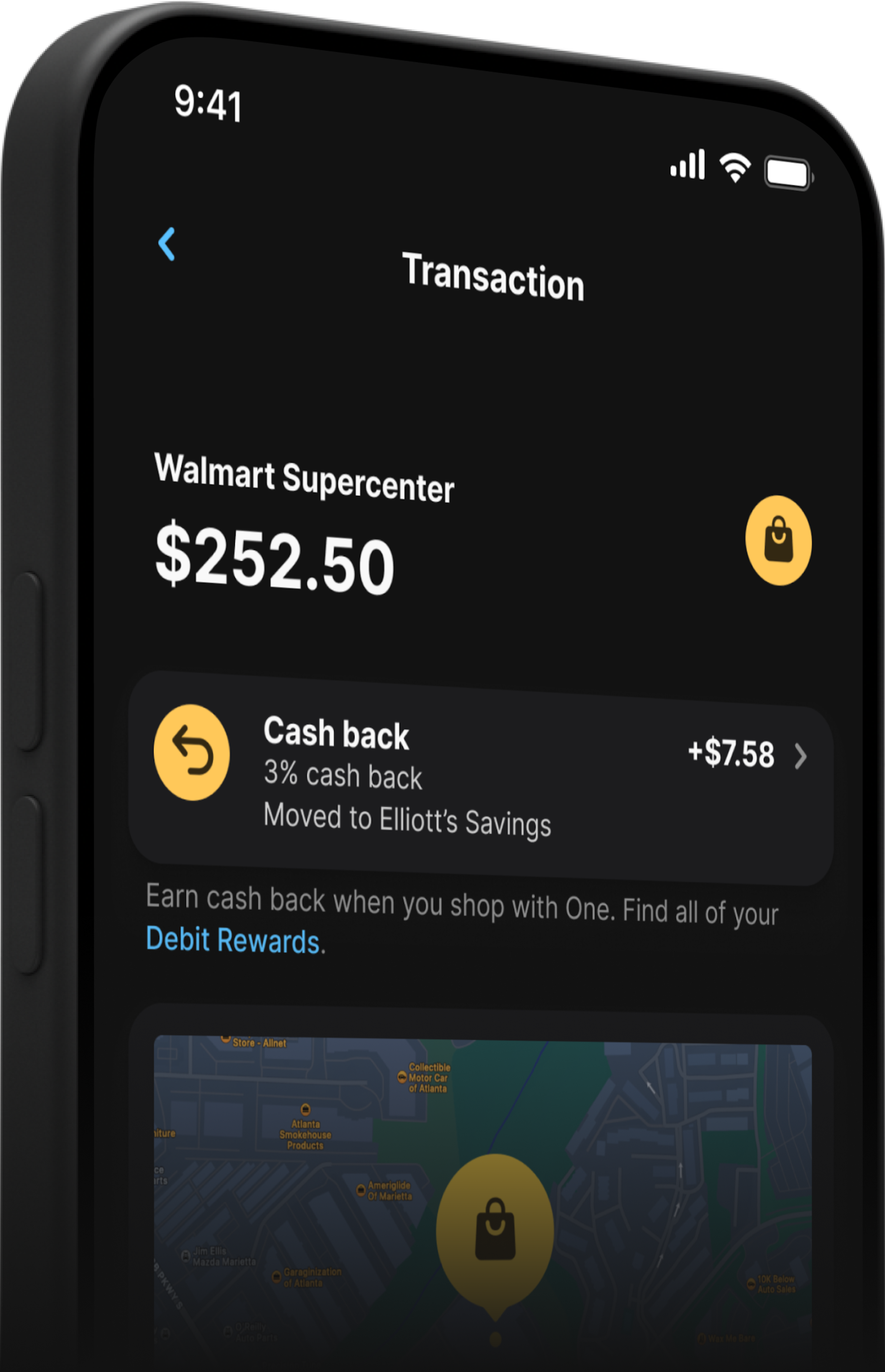 One phone app showing cahsback at Walmart Supercenter